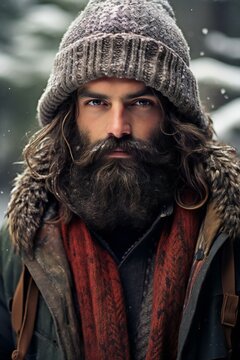 Handsome bearded man with long beard and moustache on serious face in warm hat and jacket outdoor on winter day