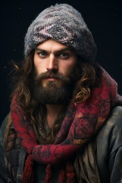 Portrait of a bearded man in a winter hat and scarf