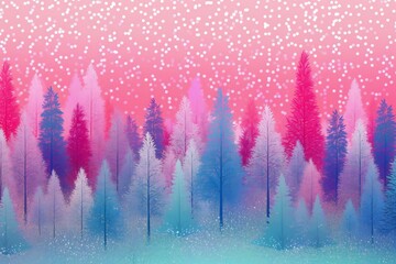 Winter forest background with snowflakes and pine trees