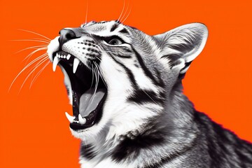 Portrait of a tiger with open mouth on a orange background