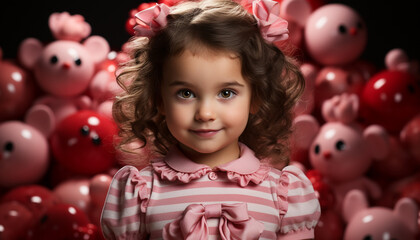 Fototapeta na wymiar Smiling child with curly hair holds a cute birthday gift generated by AI
