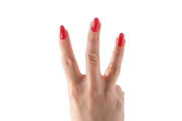 Closeup of female hand with pale skin and red nails pointing or touching isolated on a white background.