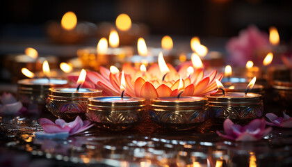Burning candle illuminates tranquil ceremony, symbolizing love and spirituality generated by AI - obrazy, fototapety, plakaty