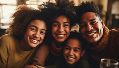 Fototapeta premium Smiling adults indoors, African women, cheerful men, young women bonding generated by AI