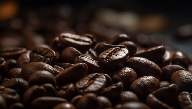 Aromatic coffee beans on dark backdrop, creating a fresh aroma generated by AI