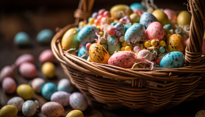 Fototapeta na wymiar A colorful basket of handmade Easter eggs symbolizes tradition and celebration generated by AI