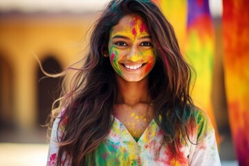 Happy smiling Indian girl celebrating holi with colorful powder paints on her face