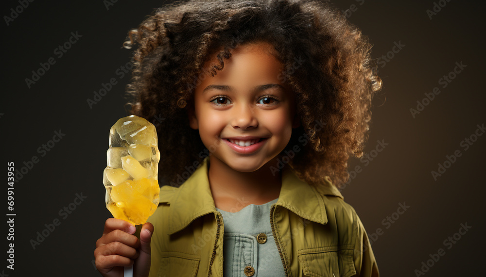 Canvas Prints Smiling girls holding ice cream, enjoying sweet food indoors generated by AI