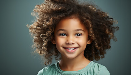 Smiling child with curly hair, happiness in a headshot generated by AI