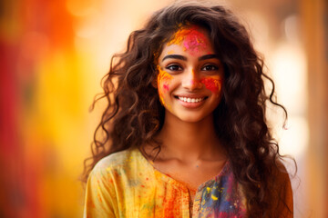 Happy smiling Indian girl celebrating holi with colorful powder paints on her face. Annual festival.