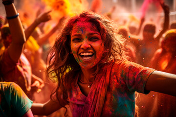 Happy smiling Indian young woman celebrating holi festival covered in colorful powder paints