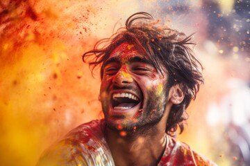 Happy young Indian man celebrating Holi festival with splash of colorful powder paints
