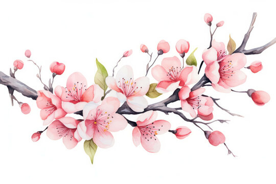 Pink garden plant blossom branch floral background nature season flowers watercolor art spring tree © VICHIZH