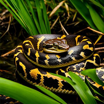 Illustration of Burmese Python invasive snake species in the Florida everglades coiled in sawgrass ready to lay eggs giant apex predator