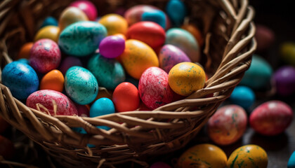 Fototapeta na wymiar Basket of multi colored eggs, a decoration for Easter celebration generated by AI