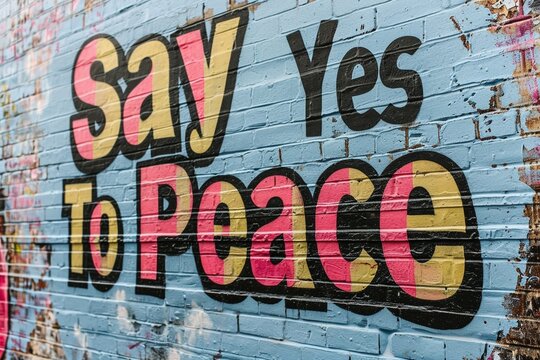 a brick wall wih say yes to peace painted on it in bright letters
