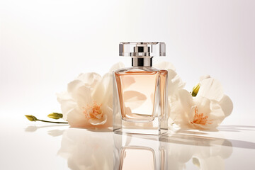 Bottle of perfume with flowers on white background. Generative AI - obrazy, fototapety, plakaty