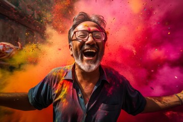 Happy retired man celebrating Holi festival with splash of colorful powder paints