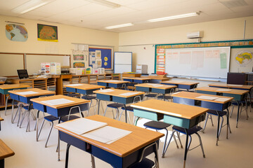 Fototapeta na wymiar Empty classroom with wooden desks and board. Generative AI