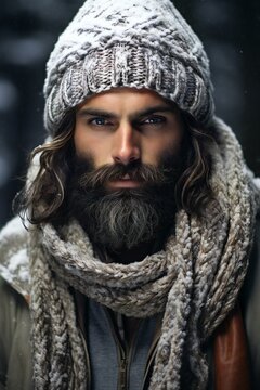 Portrait of a handsome bearded man with long black beard and moustache wearing a warm hat and scarf
