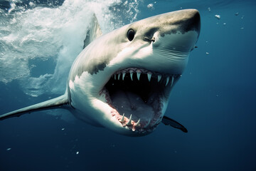 Fototapeta premium Furious angry grey shark underwater. Generative AI