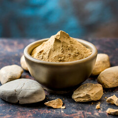 Fuller'S Earth Clay OR Multani mitti in a bowl along with raw stones and mortar