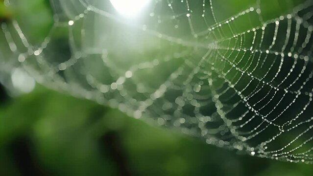Rain droplets collecting on a cobweb in a forest