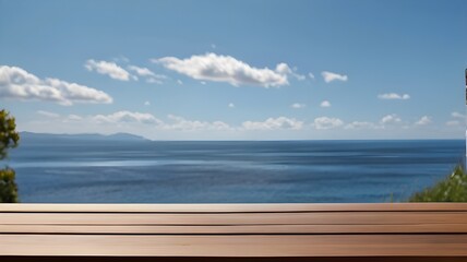 Fototapeta na wymiar Wooden table on the background of the sea, island and the blue sky. High quality photo