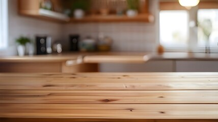 Wooden table on blurred kitchen bench background. Empty wooden table and blurred kitchen background