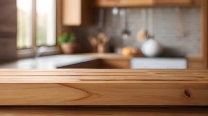 Wooden table on blurred kitchen bench background. Empty wooden table and blurred kitchen background