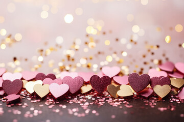 golden glitter hearts in frnt of a bokeh background with space for text