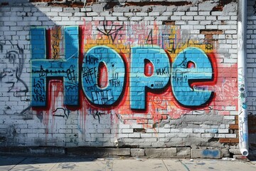 Bright and bold colors come together on a white brick canvas, spelling out the inspiring word 'hope'