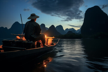 Asian fishermen fishing in lake in evening. Generative AI - obrazy, fototapety, plakaty