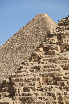Vertical detail of Khafre Pyramid in front and Khufu pyrmaid in the background, Giza, Cairo