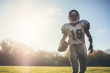 American football player walking on grass after game wearing sportswear and helmet. Generative AI