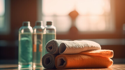 Close-up of folded plastic bottles and sports towels in the gym - obrazy, fototapety, plakaty