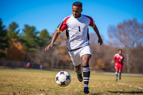 Young man playing football on meadow. Generative AI