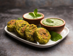 hara bhara kabab or kebab is indian vegetarian snack recipe served with green mint chutney over...