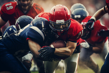 American football players fighting for the ball in rain. Generative AI