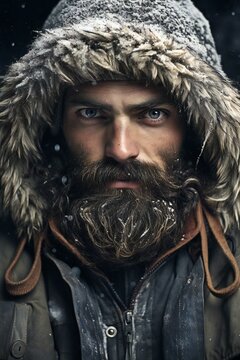 Handsome bearded man with long beard and mustache on serious face in winter jacket with fur hood outdoor