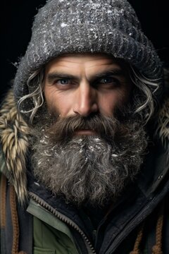 Close-up portrait of a brutal caucasian hipster with long beard, mustache and moustache in winter clothes on a black background