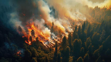 Naklejka premium A forest consumed by wildfire, capturing the tumultuous scene with burning trees and billowing smoke