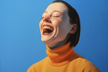 Portrait of a laughing young woman in a yellow sweater on a blue background