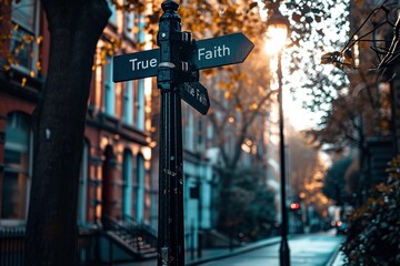 In the heart of town, a street sign post bears the uplifting words true faith, adding depth to the urban atmosphere - obrazy, fototapety, plakaty