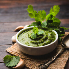 healthy green mint chutney made with coriander, pudina And spices. isolated white background