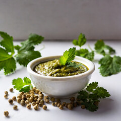 healthy green mint chutney made with coriander, pudina And spices. isolated white background