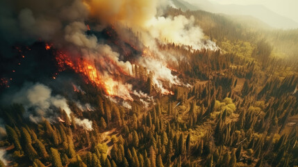A forest consumed by wildfire, capturing the tumultuous scene with burning trees and billowing smoke