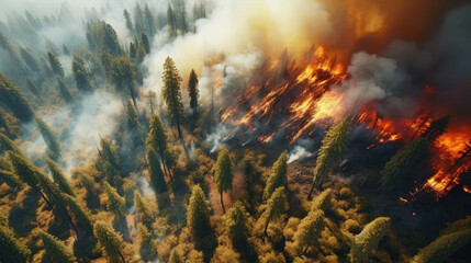 Fototapeta na wymiar A forest consumed by wildfire, capturing the tumultuous scene with burning trees and billowing smoke