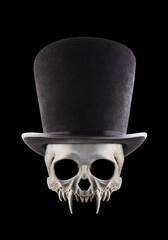 Vampire skull with extra tall black vintage top hat isolated on black background