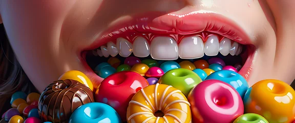 Fotobehang A person's mouth full of candy and chocolate.  Close up of woman's mouth, Generative Ai  © feelsogood